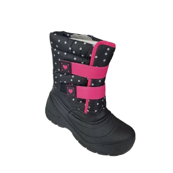NEW WONDER NATION GIRLS WINTER  BOOTS BLACK Pink Polka Dot Hook and Loop 13-1 - Picture 1 of 10